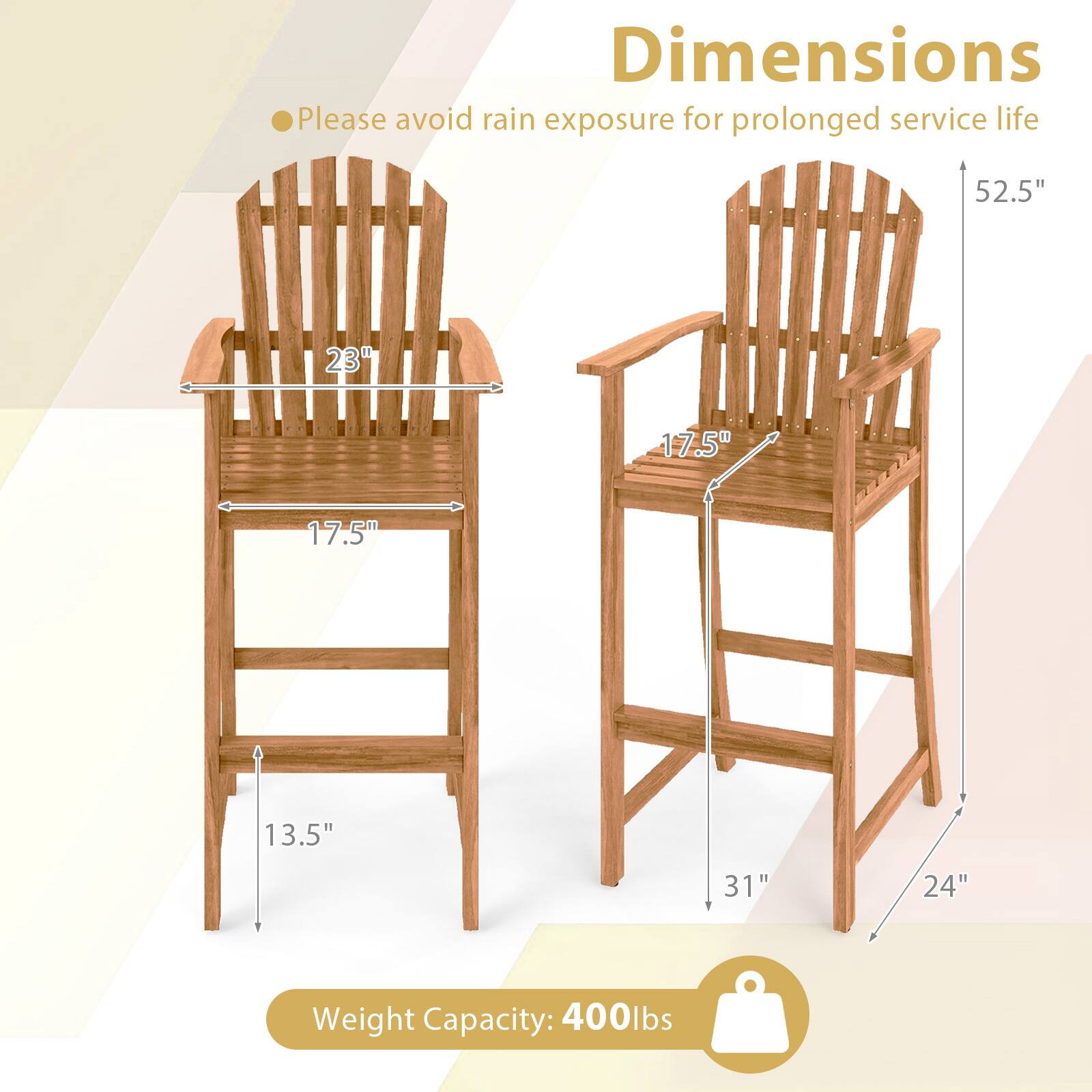 Dimensions  
Please avoid rain exposure for prolonged service life  
52.5"  
23"  
17.5"  
17.5"  
13.5"  
31"  
24"  
Weight Capacity: 400lbs