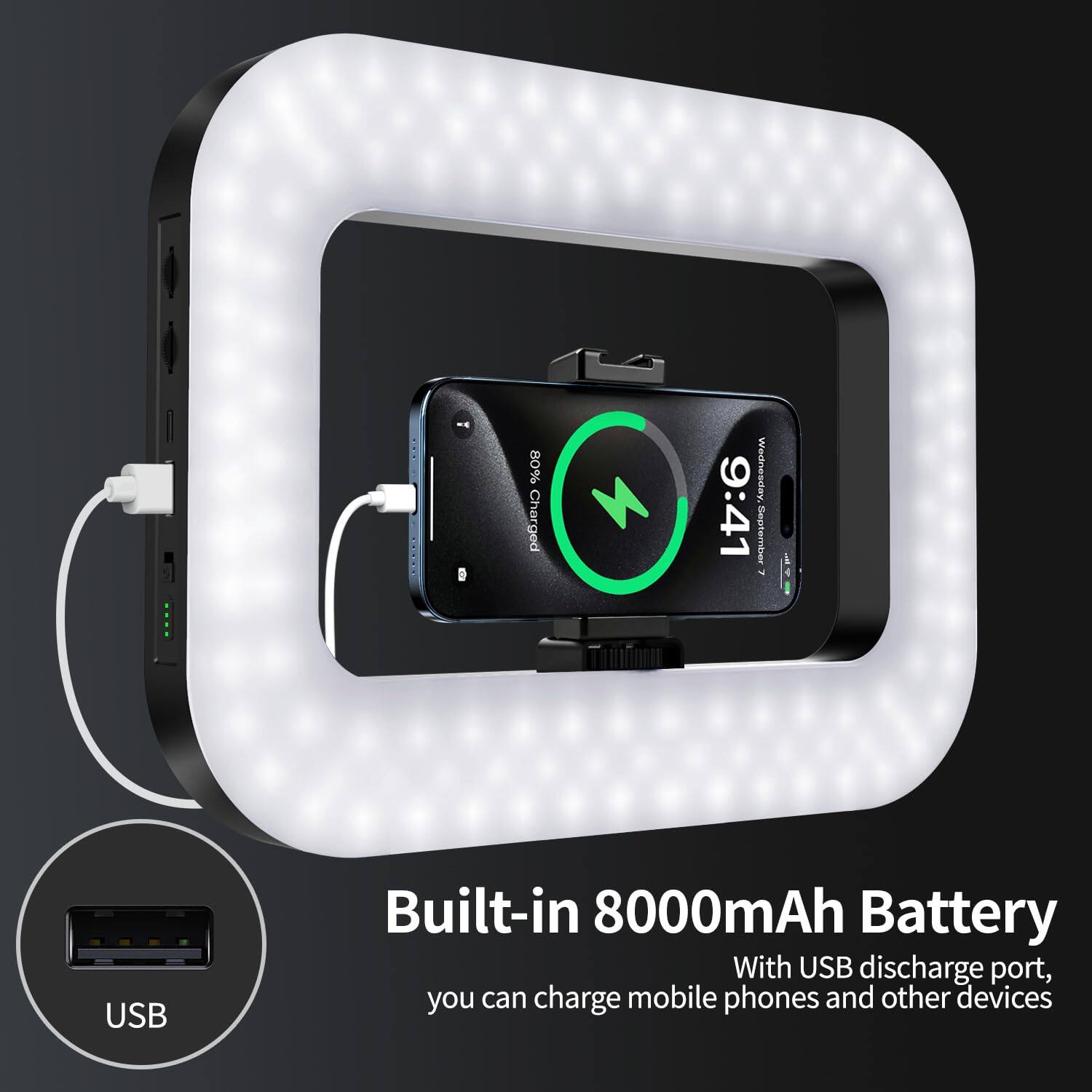 80% Charged Wednesday, 9:41 September & USB Built-in 8000mAh Battery With USB discharge port, you can charge mobile phones and other devices