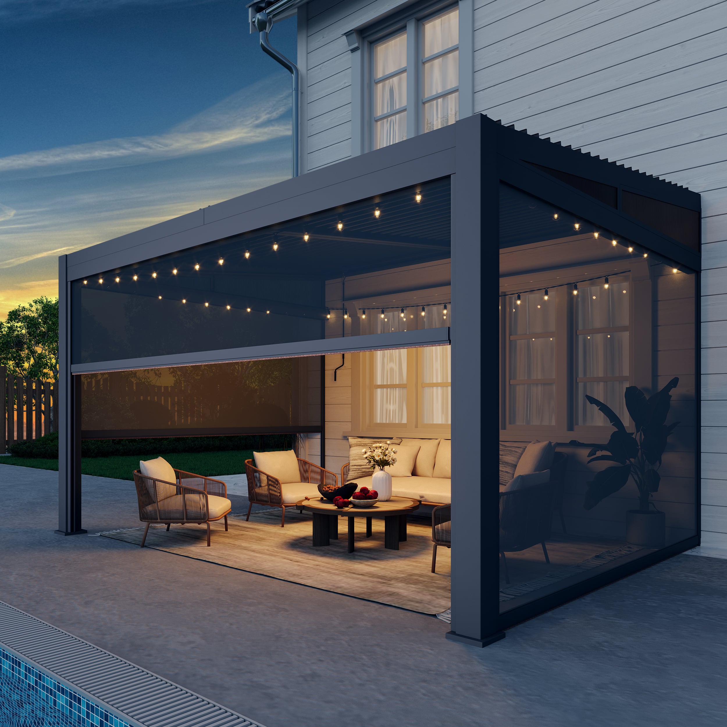 U-HOMY - Wall-Mounted Aluminum Louvered Pergola with Adjustable Roof & Pull-Down Screen, Outdoor Patio Awning - Black