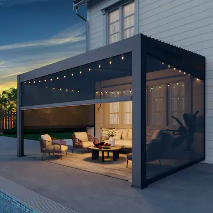 Front. U-HOMY - Wall-Mounted Aluminum Louvered Pergola with Adjustable Roof & Pull-Down Screen, Outdoor Patio Awning - Black.