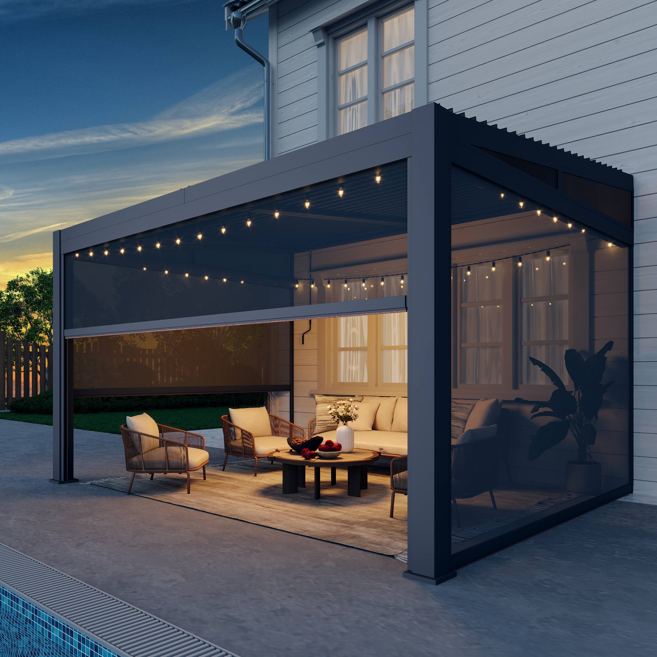 Front. U-HOMY - Wall-Mounted Aluminum Louvered Pergola with Adjustable Roof & Pull-Down Screen, Outdoor Patio Awning - Black.