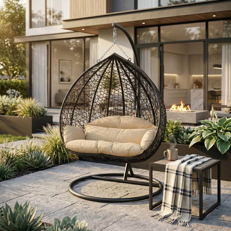Left. LeisureMod - Recluse Modern Wicker Teardrop Hanging Egg Chair with Stand - Heavy Duty, Outdoor Indoor Swing Chair & Cushion - Oatmeal.