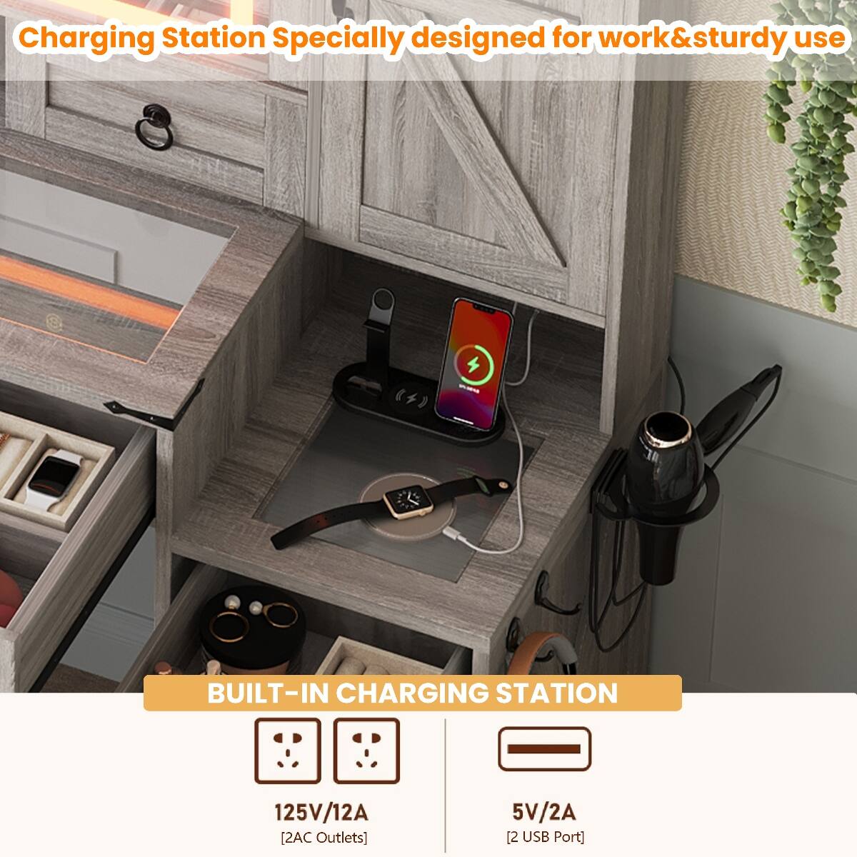 Charging Station Specially designed for work&sturdy use

BUILT-IN CHARGING STATION
125V/12A [2AC Outlets]
5V/2A [2 USB Port]