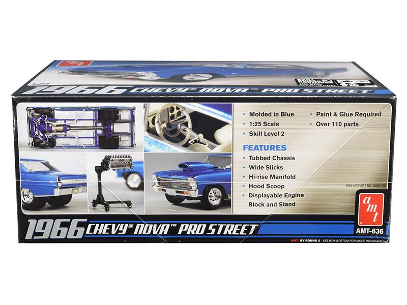 Sure, here is the corrected and grouped text from the image:

---

**1966 CHEVY NOVA PRO STREET**

**Molded in Blue**

**1:25 Scale**

**Skill Level 2**

**Paint & Glue Required**

**Over 110 parts**

**FEATURES**

- Tubbed Chassis
- Wide Slicks
- Hi-rise Manifold
- Hood Scoop
- Displayable Engine Block and Stand

**BOX LID PART NO. AF36-100**

**AMT-636**

**AMT BY ROUND 2**

**SEE BOX BOTTOM FOR MORE INFORMATION**

---