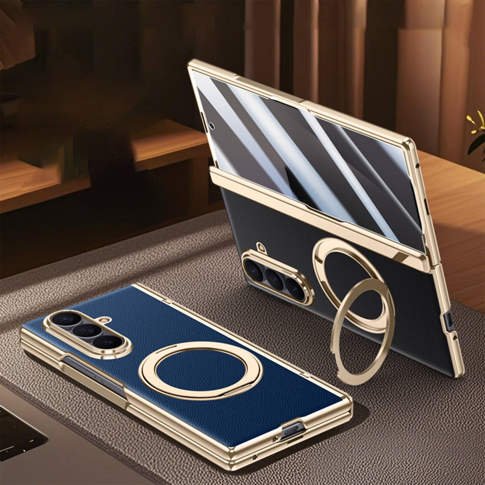 Alt View 1. Dteck - For Samsung Galaxy Z Fold7 Luxury Plated Frame Ring Stand Magnetic Case Hinge Protection Cover+Built-in Screen Protector - Green-Privacy Screen.