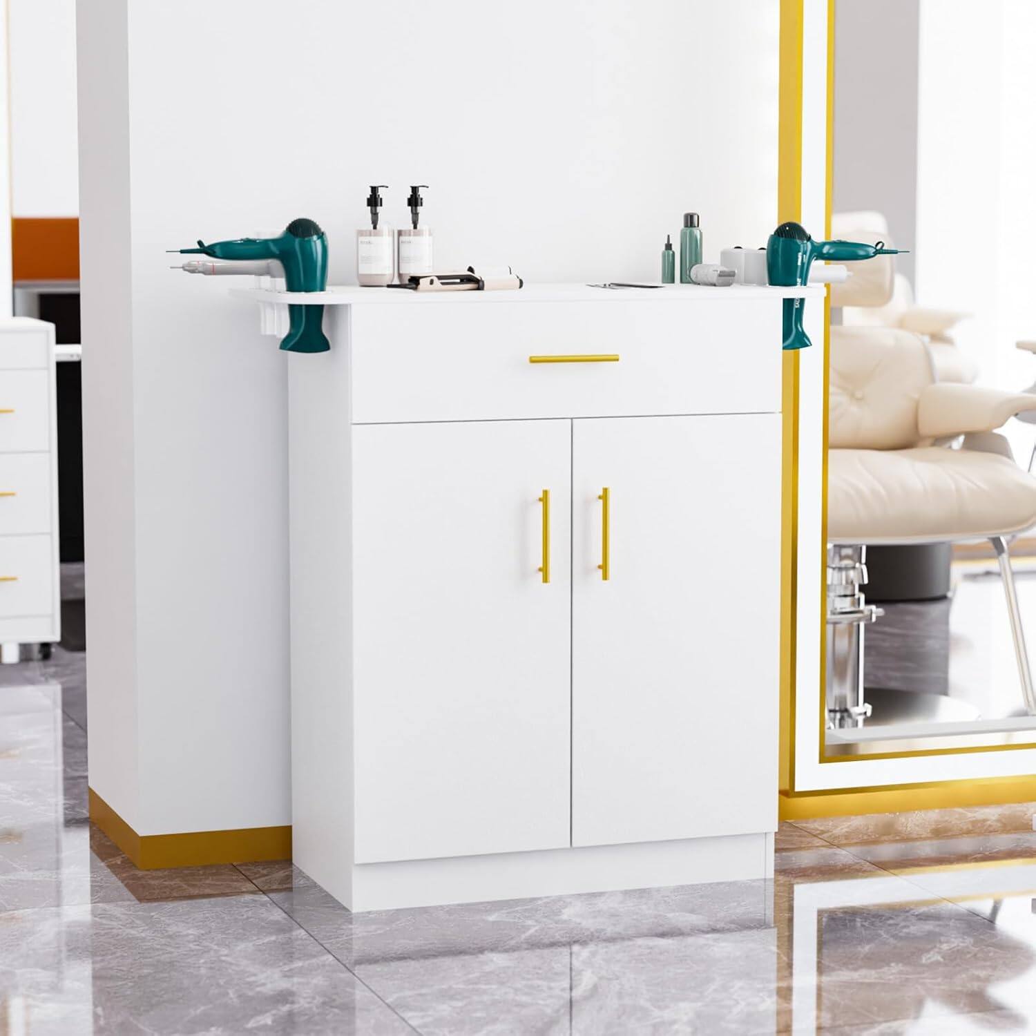 Left. Winado - Multifunctional Salon Styling Station Barber Station with 6 Hair Dryer Holders, Storage Cabinet, Drawer for Beauty Spa - White.