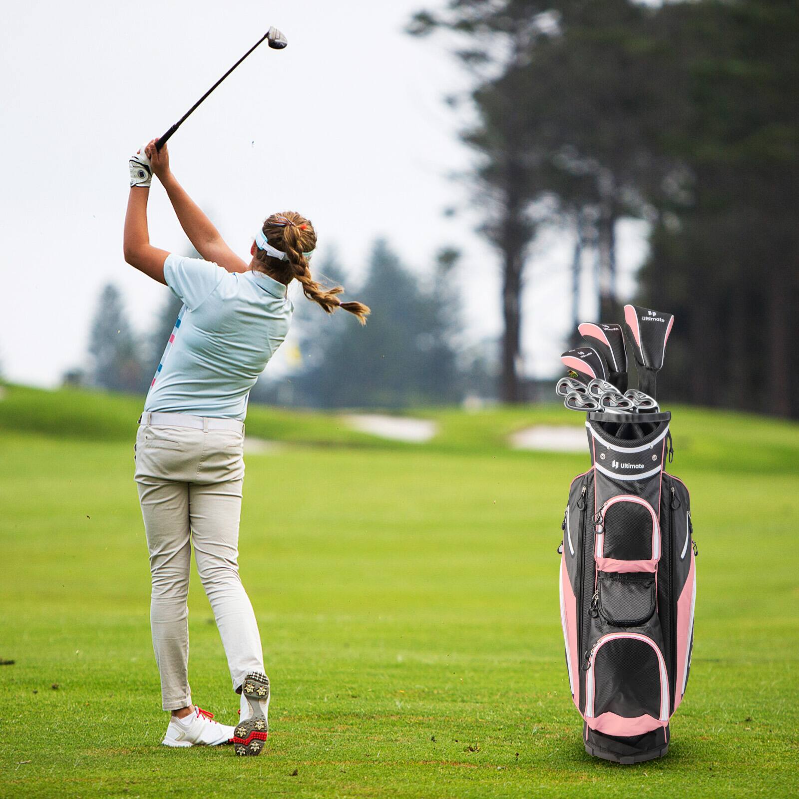 Alt View 1. Costway - Costway 9 PCS Women's Complete Golf Club Set Right Handed with 460cc Alloy Driver Irons - Pink.