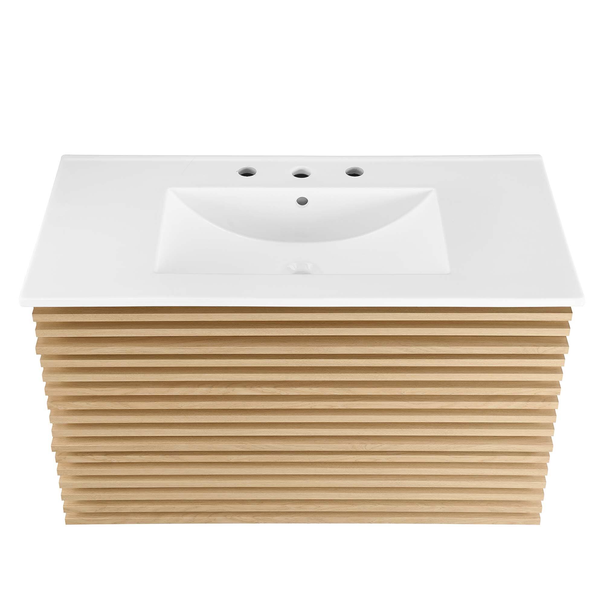 Alt View 4. Modway - Render Wall-Mount Bathroom Vanity with White Basin Included - Oak White.