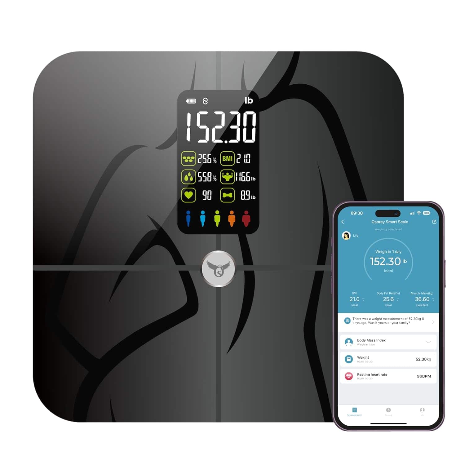Osprey - Smart Scale for Body Weight and Fat Analyzer, 18 Metrics, Heart Rate, BMI, Muscle Rate, App Sync, 400lbs - Black