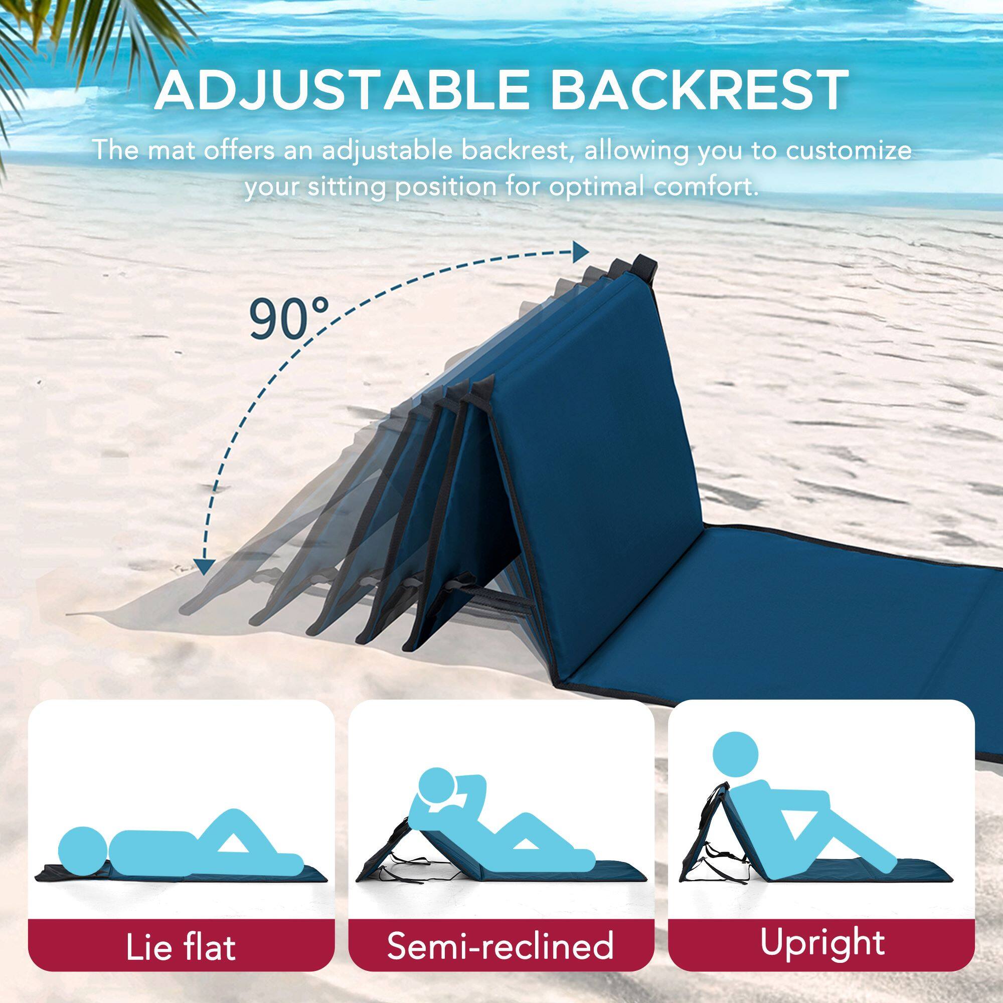 ADJUSTABLE BACKREST

The mat offers an adjustable backrest, allowing you to customize your sitting position for optimal comfort.

90°

Lie flat  
Semi-reclined  
Upright