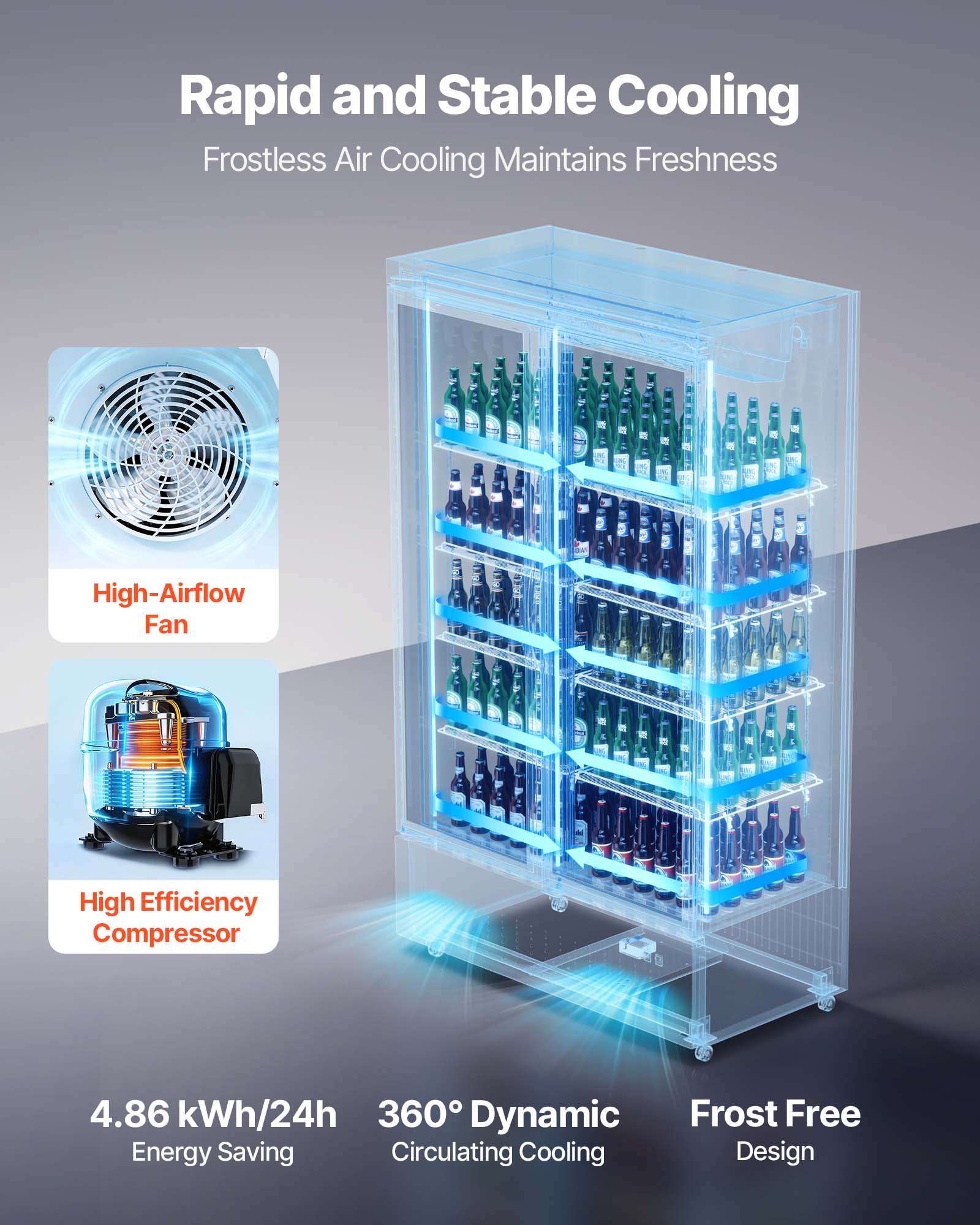Rapid and Stable Cooling  
Frostless Air Cooling Maintains Freshness

High-Airflow Fan  
High Efficiency Compressor

4.86 kWh/24h  
360° Dynamic Frost Free Energy Saving Circulating Cooling Design