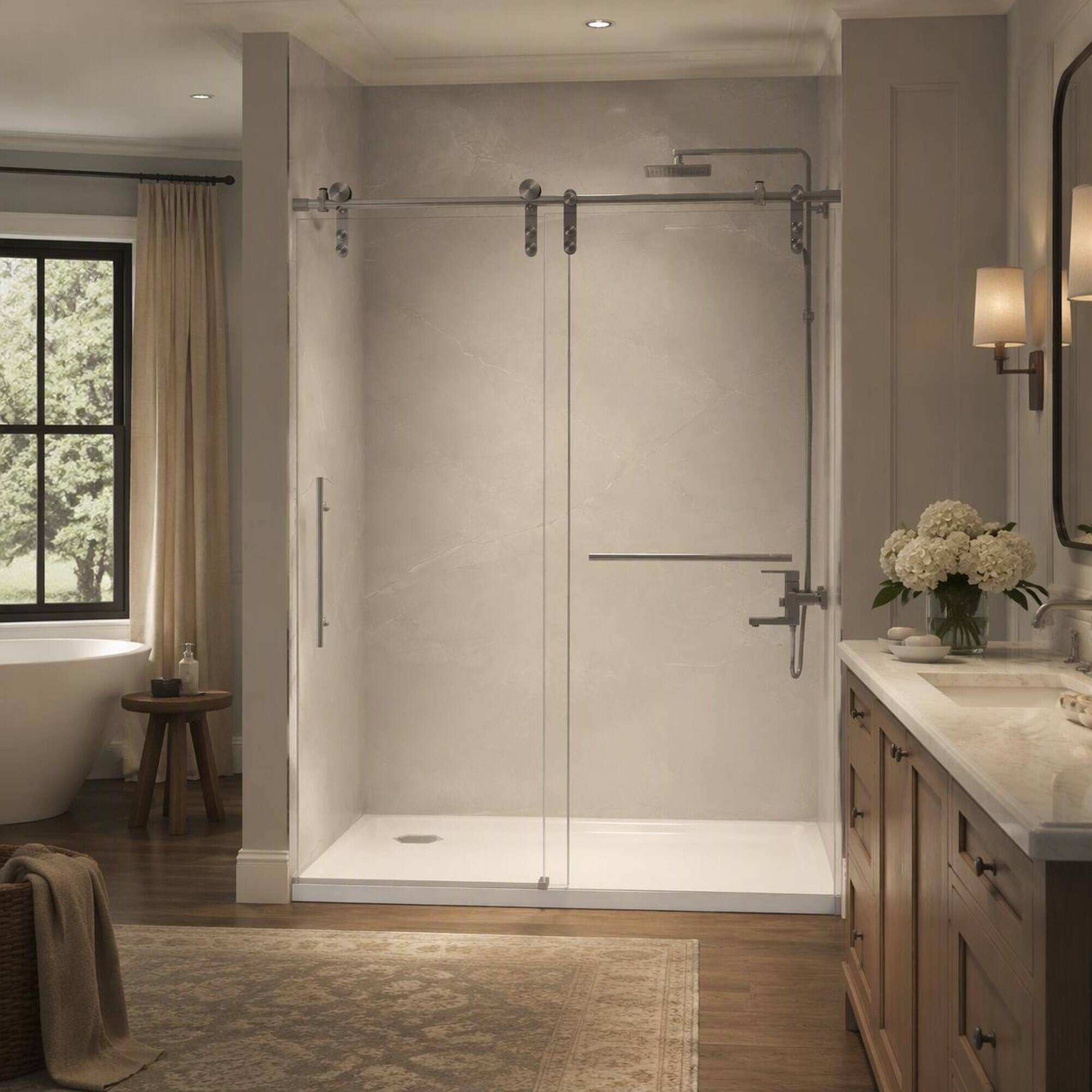 Left. RYHNUYNE - 56-60 In X 76 In H Frameless Sliding Shower Door, 5/16 In Clear Tempered Glass Brushed Nickel Finish - Brushed Nickel.