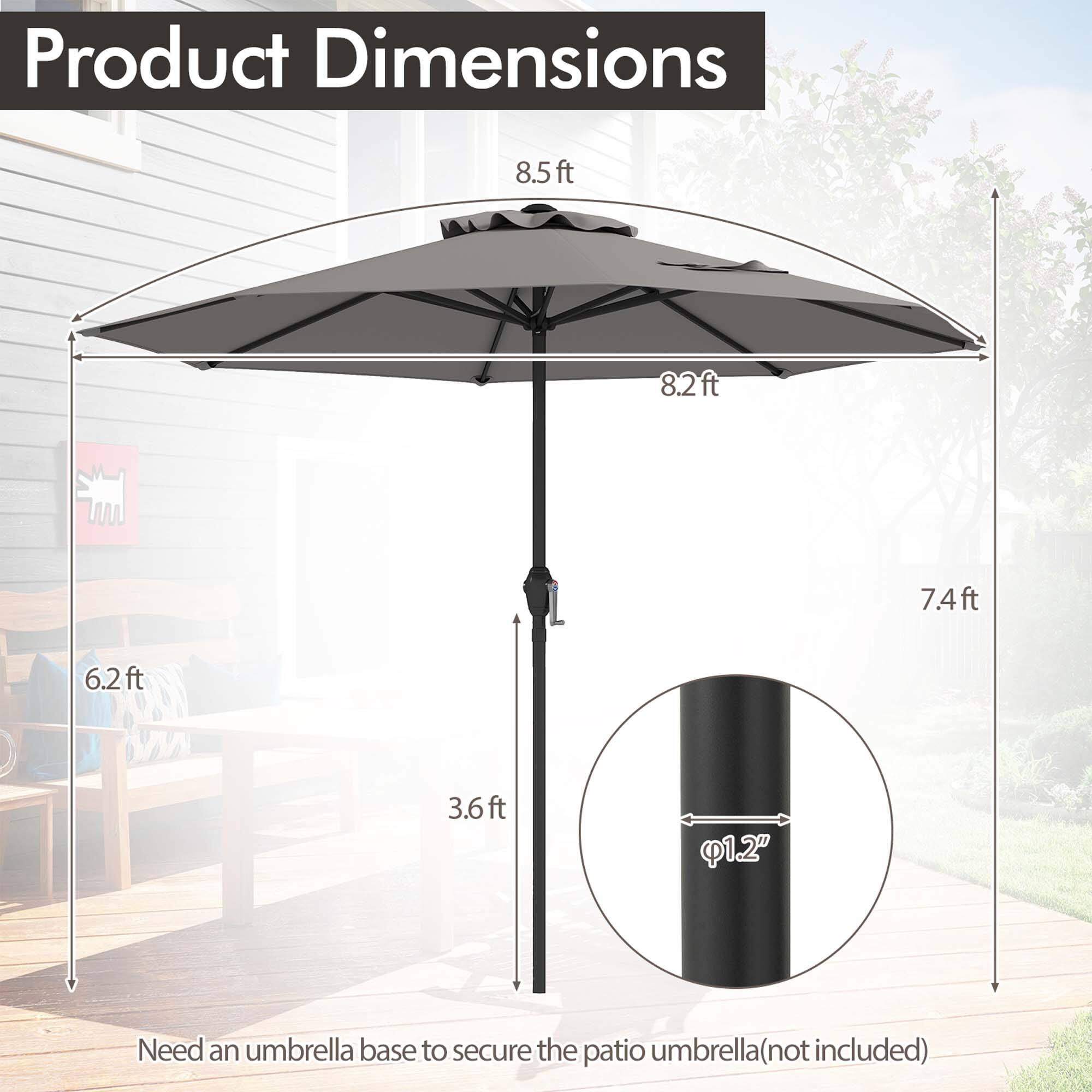 Product Dimensions: 8.5ft, 8.2ft, 7.4ft, 6.2ft, 3.6ft, 1.2"
Need an umbrella base to secure the patio umbrella (not included)