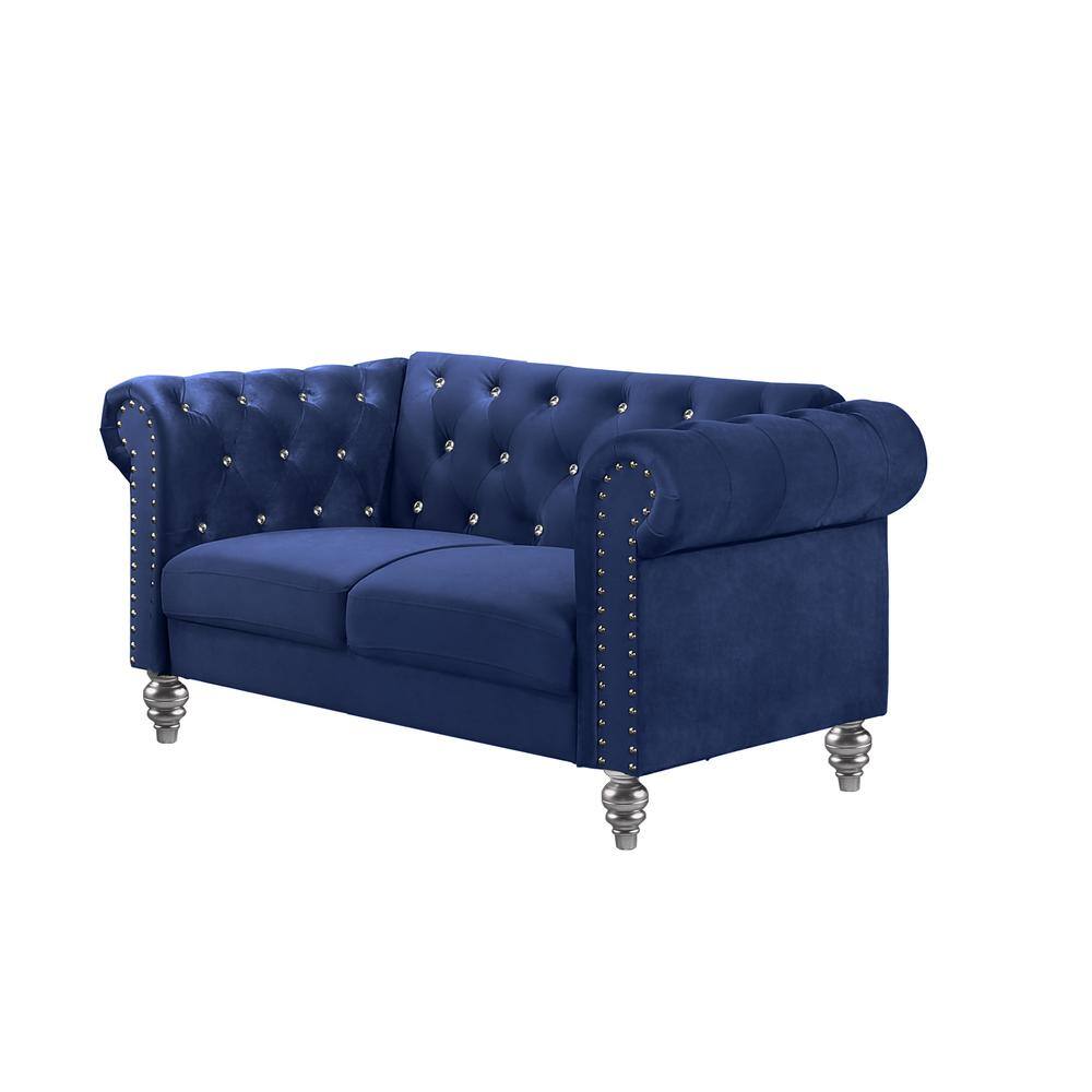 Left. New Classic Furniture - Furniture Emma Velvet Fabric Loveseat with Rolled Arms in Royal Blue - Royal Blue.