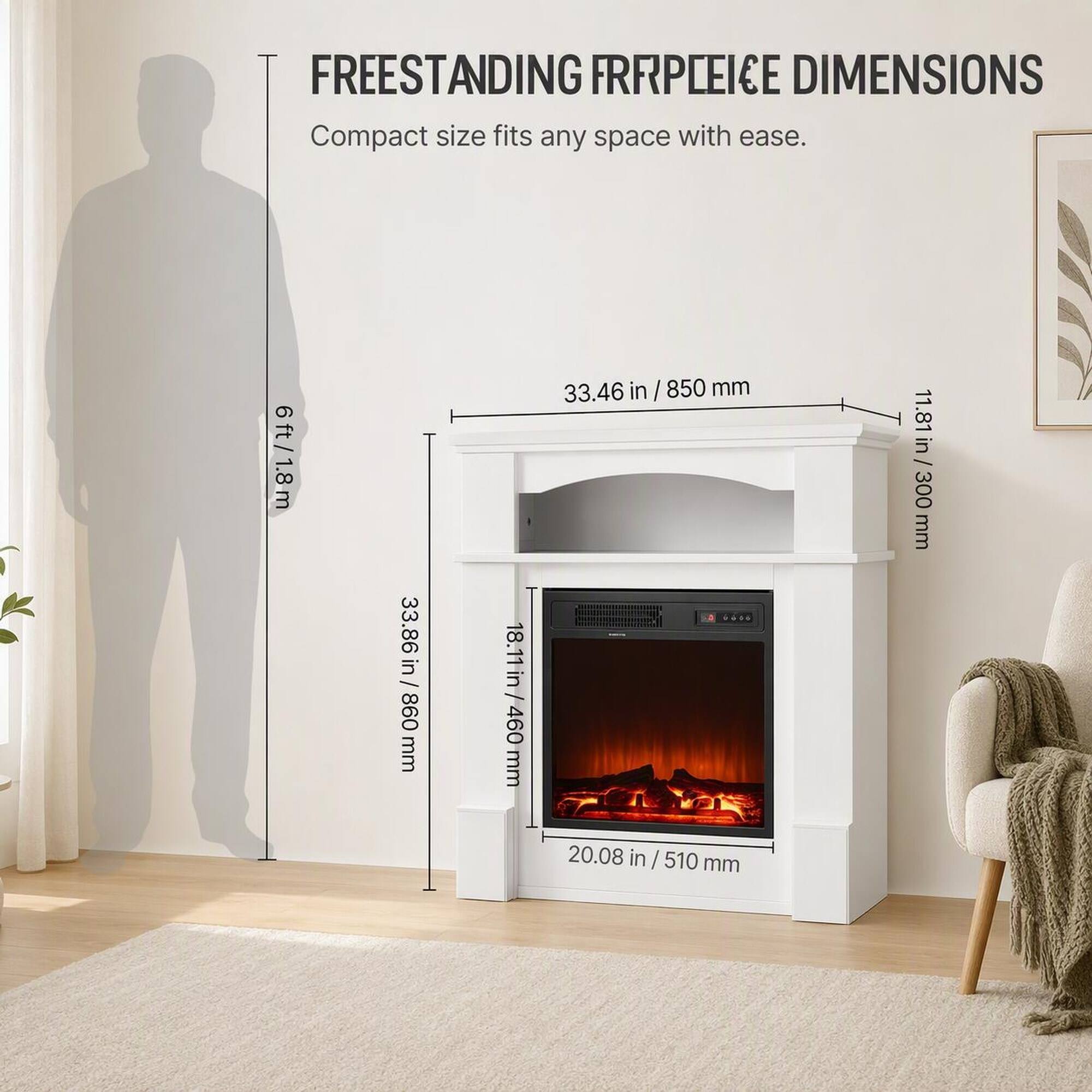 FREESTANDING FIREPLACE DIMENSIONS  
Compact size fits any space with ease.  
6ft / 1.8m  
33.86 in / 860 mm  
18.11 in / 460 mm  
33.46 in / 850 mm  
20.08 in / 510 mm  
11.81 in / 300 mm