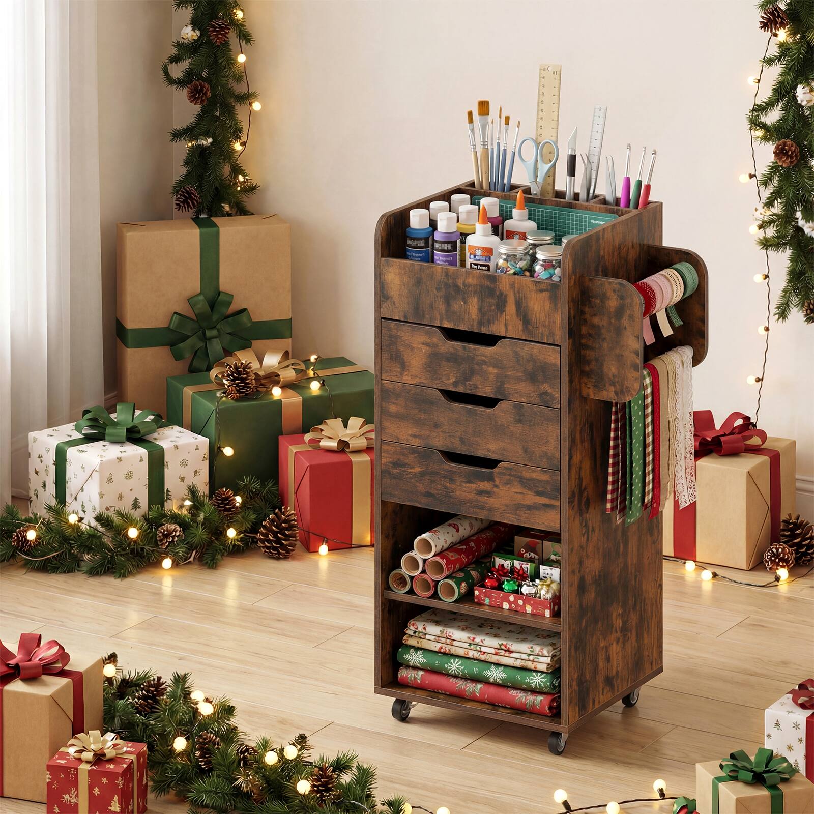 Alt View 1. Costway - Costway Paper Storage Cart, Rolling Gift Wrap Station with 3 Drawers & Adjustable Shelf - Rustic Brown.