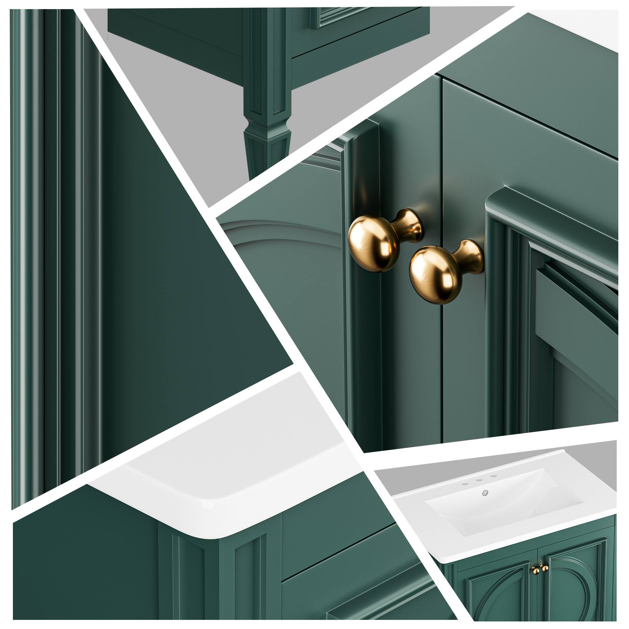 Left. KERDOM - 30" Vintage Bathroom Vanity with Ceramic Sink, Freestand Storage Cabinet, 3-Hole Faucet Prep, Washroon Storage Cabinet - Green.