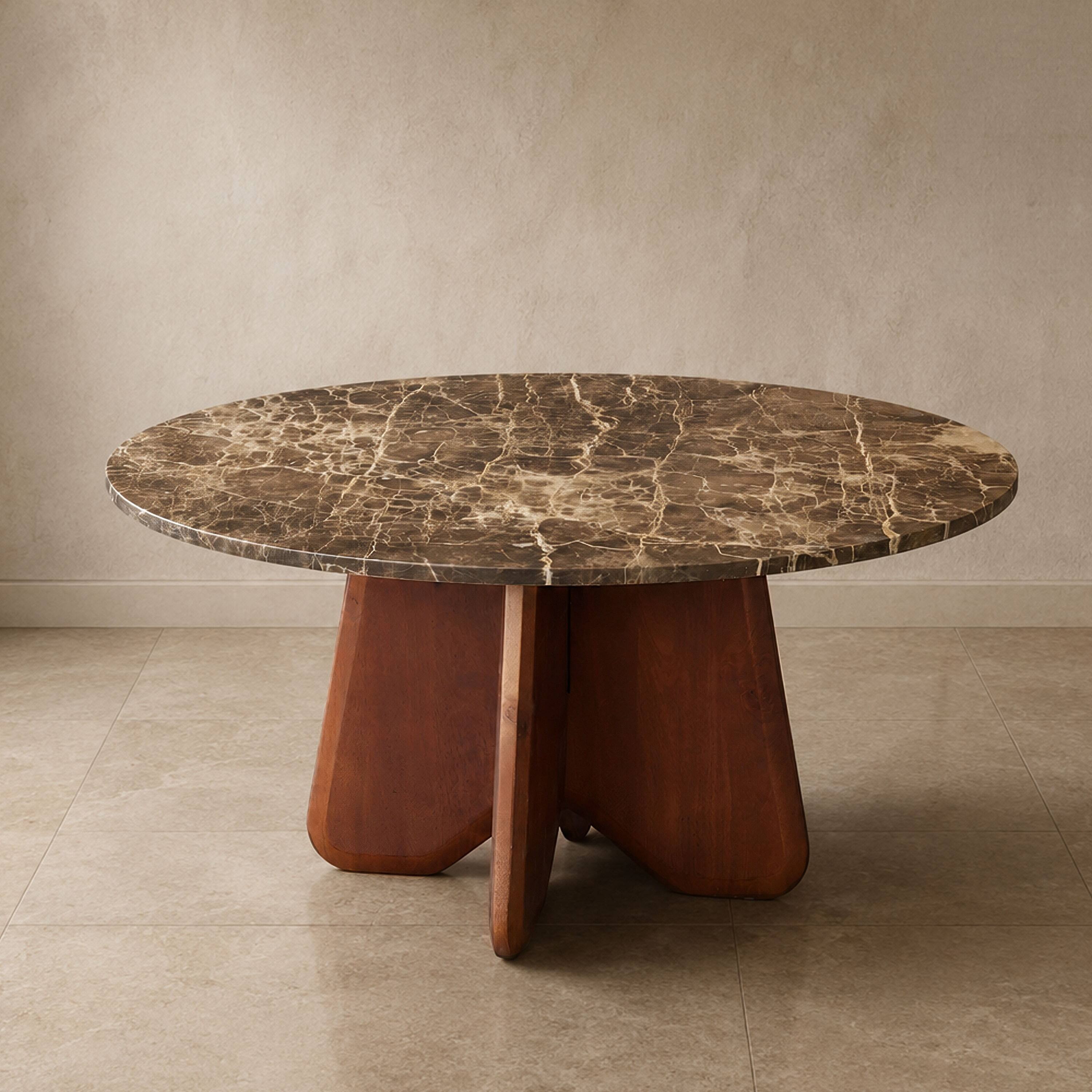 Alt View 3. Manhattan Lane - Zena 36 Inch Round Coffee Table, Spanish Emperador Marble Top, Brown Mango Wood Cross Legs - Brown, Yellow.