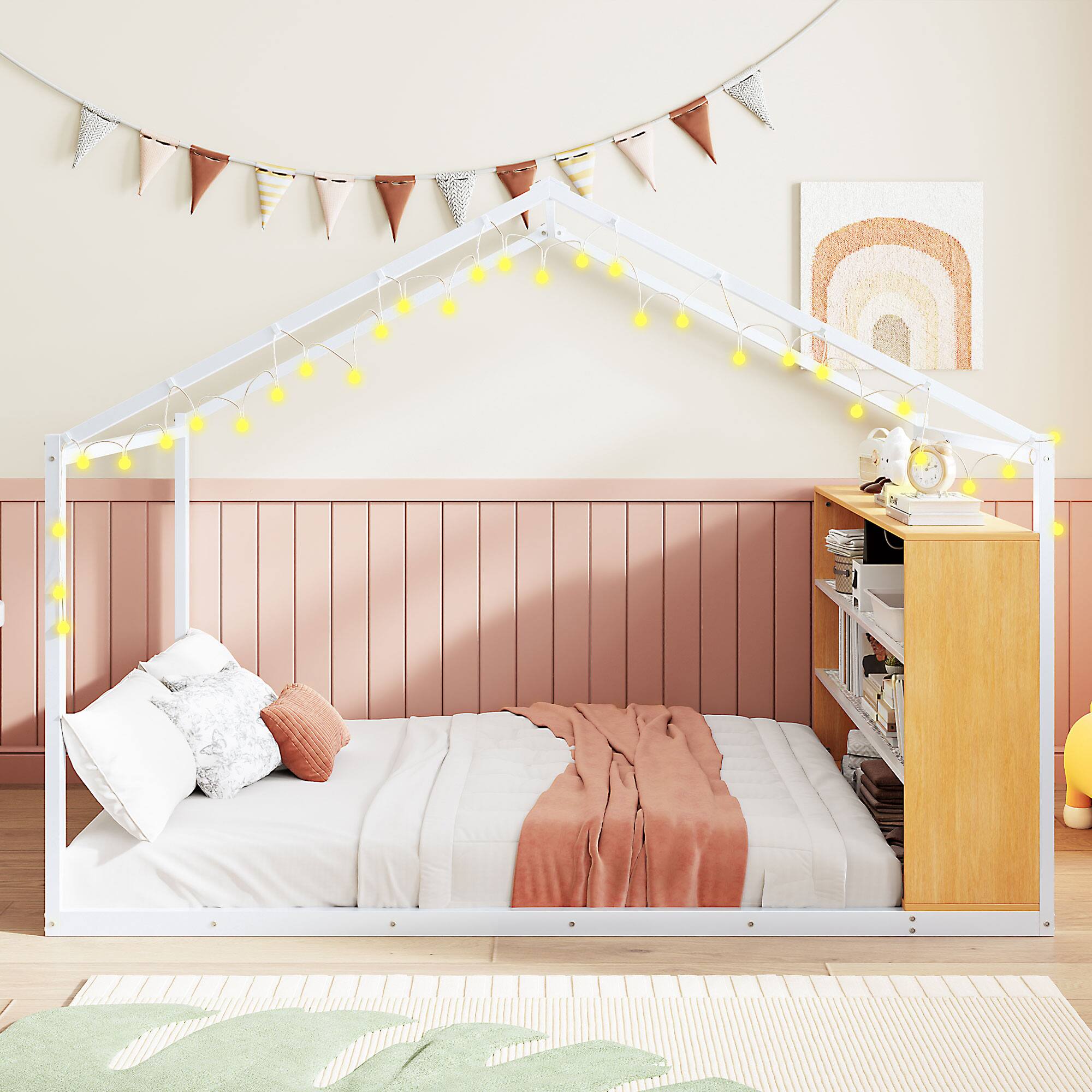 Left. GOODSILO - Full Size Metal House Bed Frame with Shelves and Lights - White.