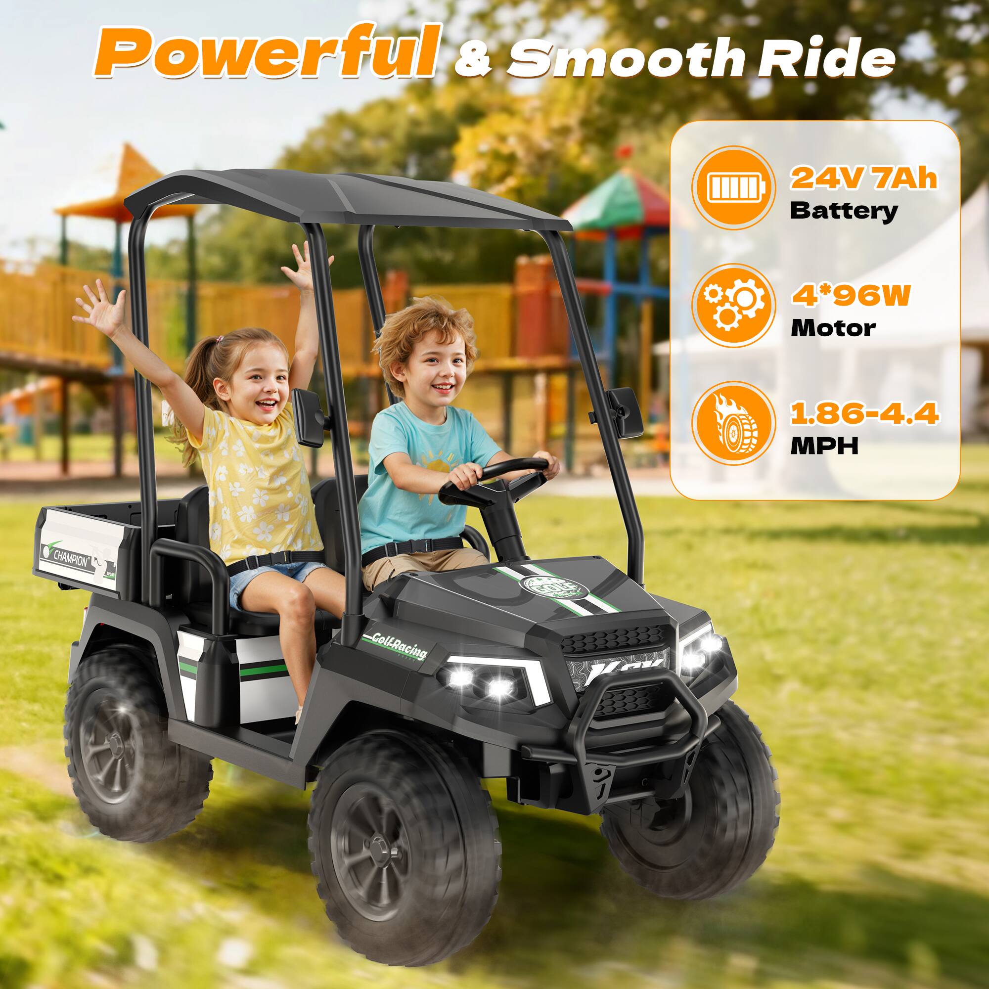 Powerful & Smooth Ride

24V 7Ah Battery

4*96W Motor

1.86-4.4 MPH

CHAMPION COM
-ColfRacing