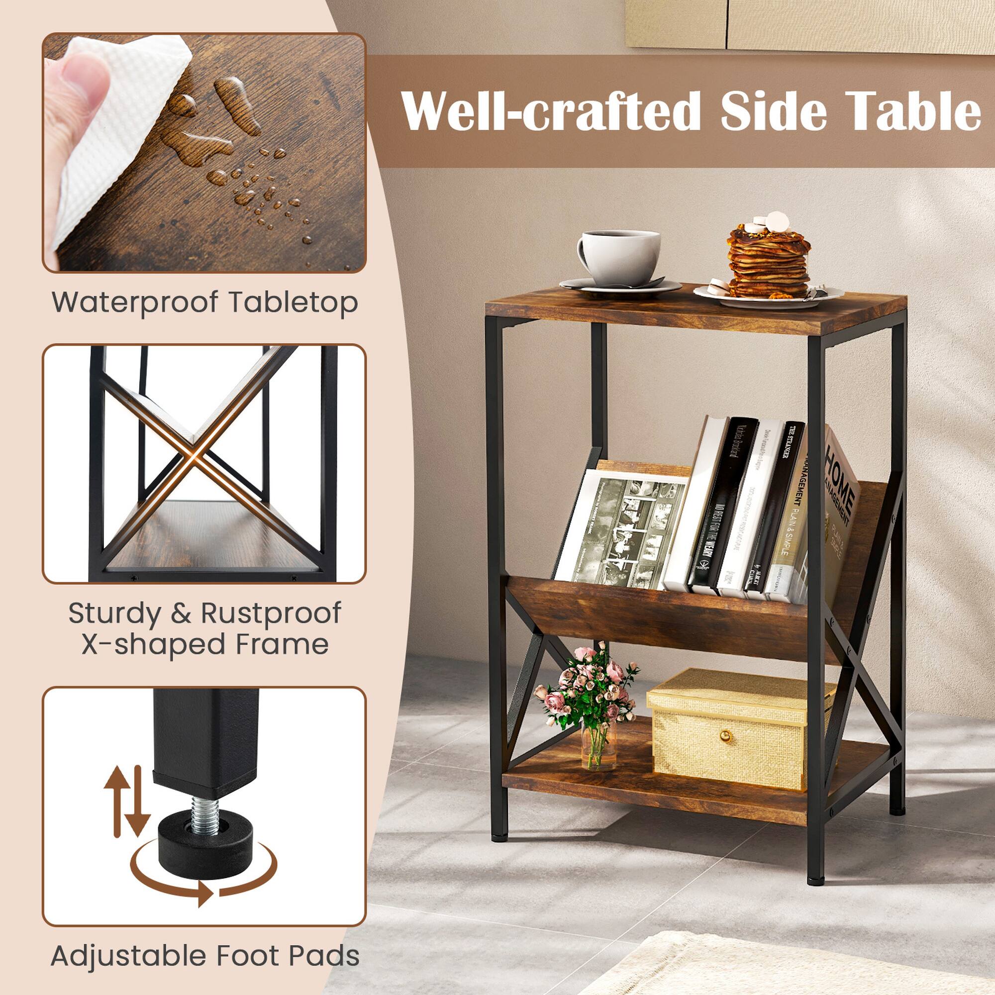 Well-crafted Side Table Waterproof Tabletop Sturdy & Rustproof X-shaped Frame Adjustable Foot Pads