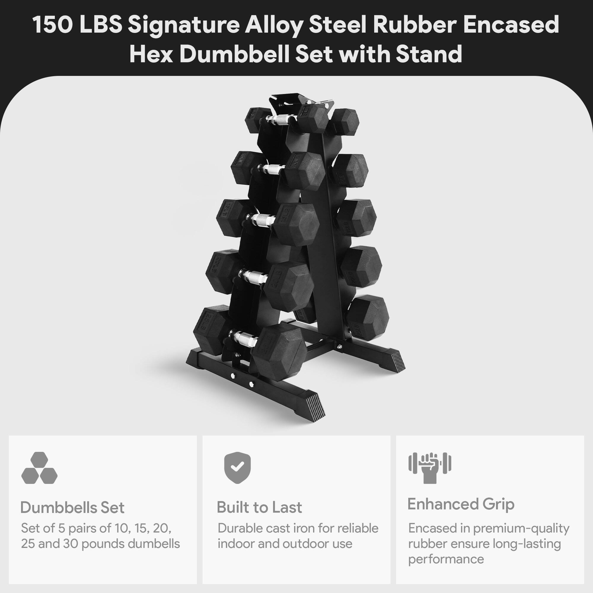 150 LBS Signature Alloy Steel Rubber Encased Hex Dumbbell Set with Stand

- Dumbbells Set
  - Set of 5 pairs of 10, 15, 20, 25, and 30 pounds dumbbells

- Built to Last
  - Durable cast iron for reliable indoor and outdoor use

- Enhanced Grip
  - Encased in premium-quality rubber to ensure long-lasting performance