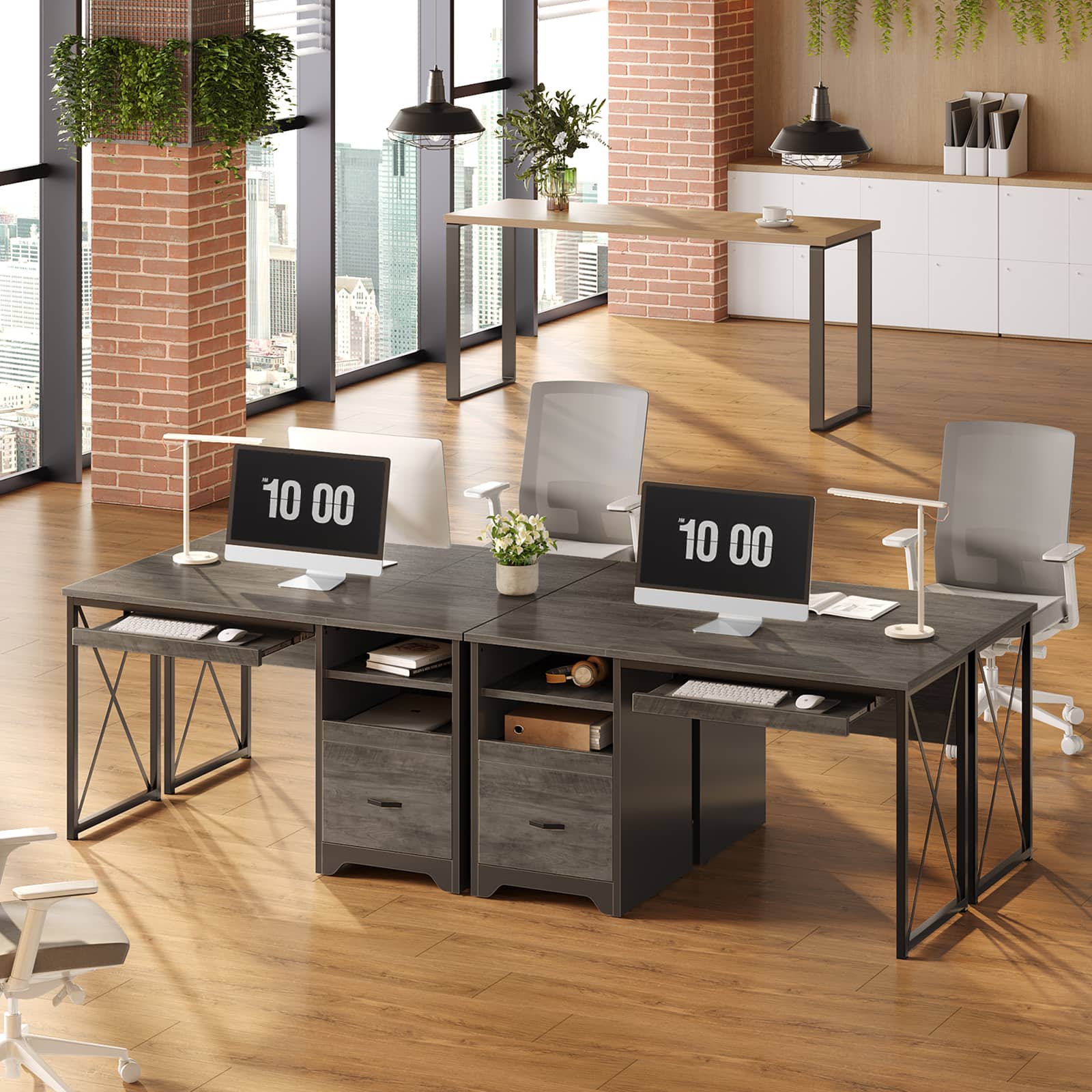 Alt View 1. Bestier - 47 inch Computer Reversible Desk with File and Storage Drawers with Keyboard Tray for Home Office - Grey Wash.