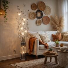 Front. FC Design - 60"H Silver & Black Textured Cylinder Vase with Metallic Floral Stem LED Floor Lamp.