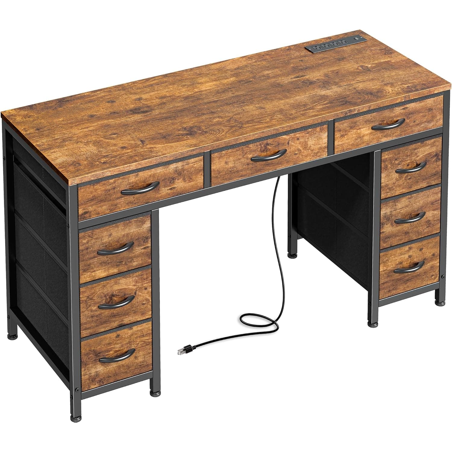 Zell Electronics - 47 Inch DeskNine Fabric Drawers, Power Outlets & Large Storage for Home Office or Bedroom - Rustic Brown