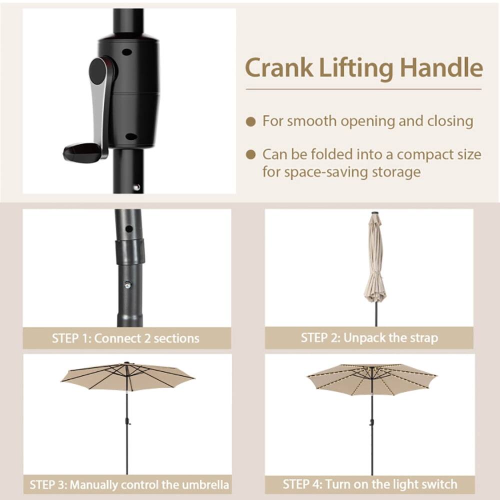 Crank Lifting Handle

- For smooth opening and closing
- Can be folded into a compact size for space-saving storage

STEP 1: Connect 2 sections

STEP 2: Unpack the strap

STEP 3: Manually control the umbrella

STEP 4: Turn on the light switch