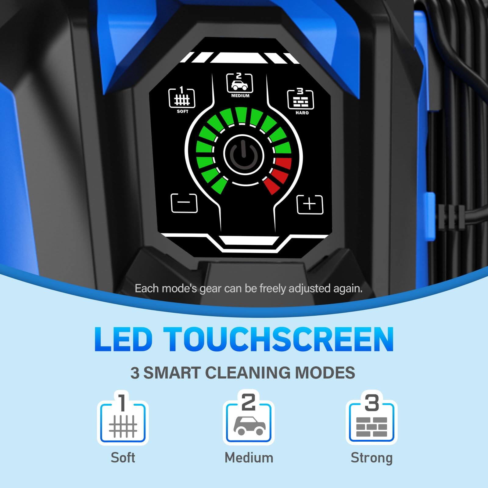 2 MEDIUM 3 SOFT HARO - + Each mode's gear can be freely adjusted again. LED TOUCHSCREEN 3 SMART CLEANING MODES 1 Soft 2 Medium 3 Strong