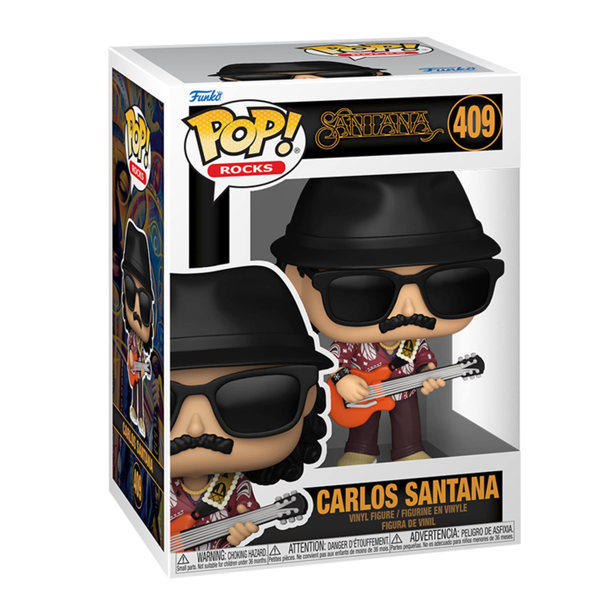 Sure, here is the corrected and grouped text from the image:

---

**Front:**
- Funko POP! ROCKS
- Santana 409
- Carlos Santana
- Vinyl Figure / Figurine en Vinyle / Figura de Vinilo
- Warning: Choking Hazard - Small parts. Not for children under 3 years. / Attention: Danger de suffocation - Petits morceaux. Ne convient pas aux enfants de moins de 3 ans. / Advertencia: Peligro de asfixia - Piezas pequeñas. No es adecuado para menores de 3 años.

**Side:**
- Carlos Santana
- 409

**Top:**
- Funko POP! ROCKS

**Bottom:**
- Warning: Choking Hazard - Small parts. Not for children under 3 years. / Attention: Danger de suffocation - Petits morceaux. Ne convient pas aux enfants de moins de 3 ans. / Advertencia: Peligro de asfixia - Piezas pequeñas. No es adecuado para menores de 3 años.

---