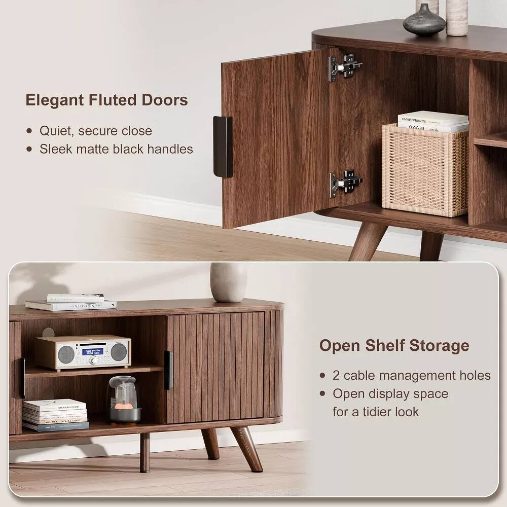 Elegant Fluted Doors
- Quiet, secure close
- Sleek matte black handles

Open Shelf Storage
- 2 cable management holes
- Open display space for a tidier look