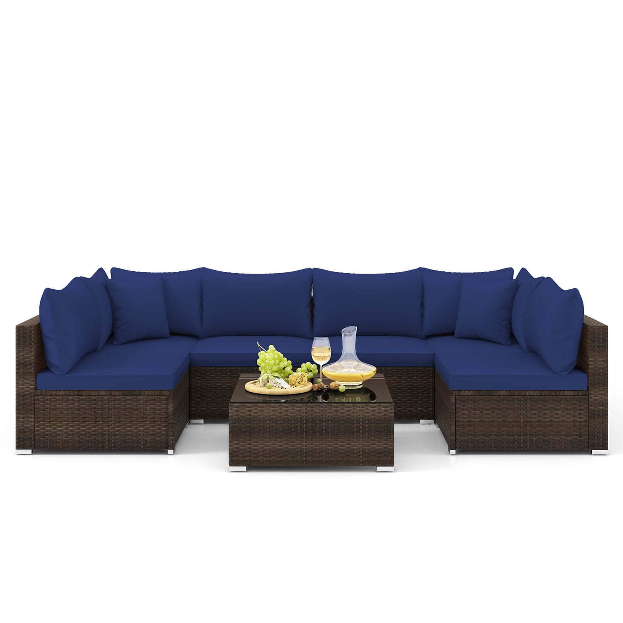 Gymax - Set of 7 Rattan Furniture Set Sectional Sofa Cushioned Garden Patio Navy - Mix Brown, Navy price history on PriceWatchPro