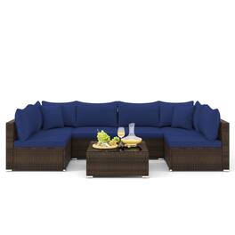 Gymax - Set of 7 Rattan Furniture Set Sectional Sofa Cushioned Garden Patio Navy - Mix Brown, Navy