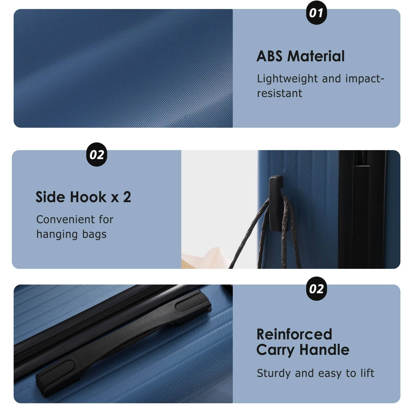 01 ABS Material  
Lightweight and impact-resistant  

02 Side Hook x 2  
Convenient for hanging bags  

02 Reinforced Carry Handle  
Sturdy and easy to lift