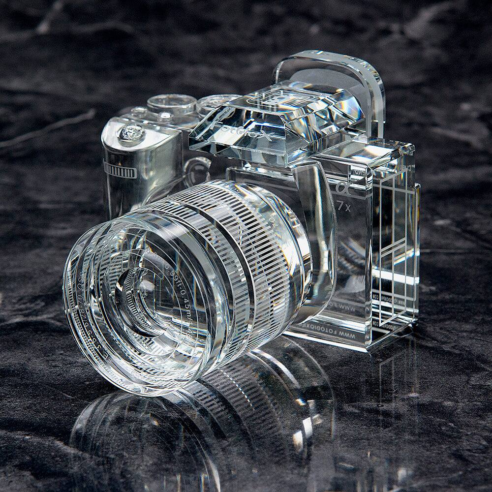 Crystal Camera - 2/3 Sized Replica of Sony a7 Camera w/ FE 28-70mm OSS Lens; Paperweight, Bookends, Display