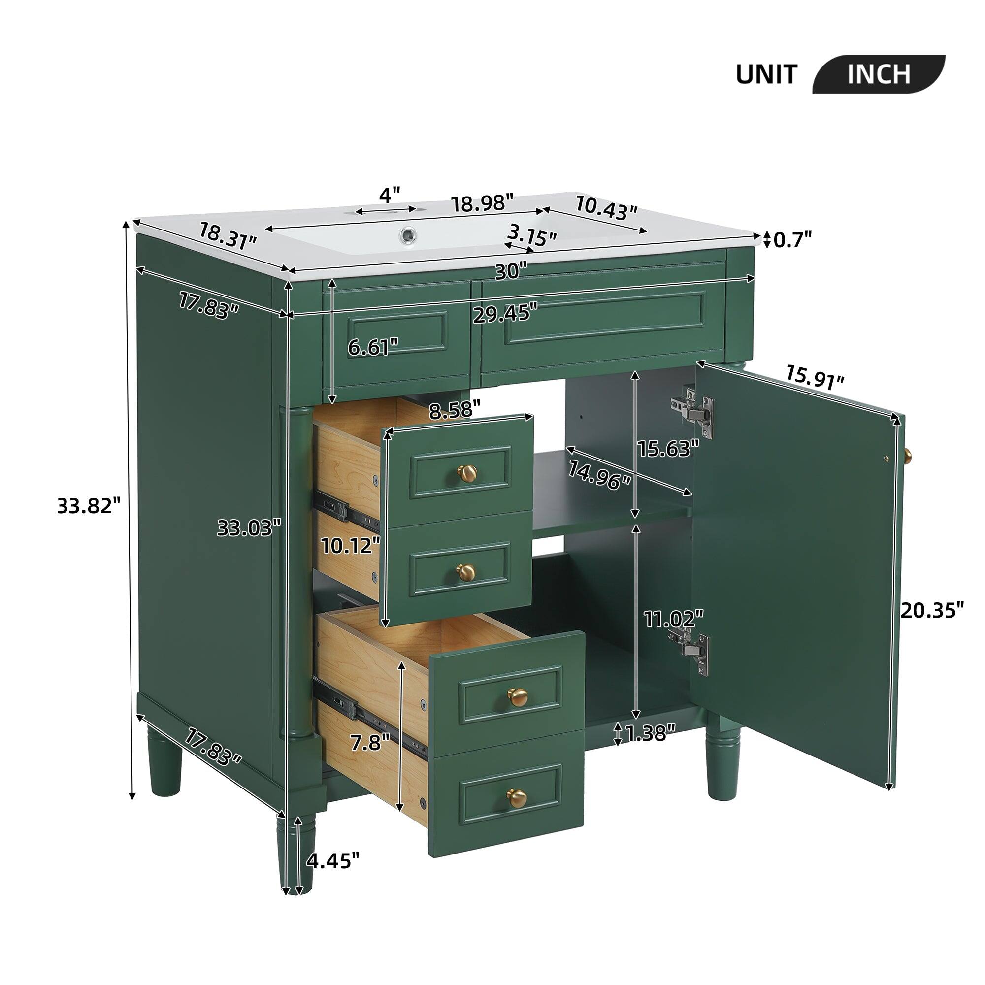 UNIT INCH  
33.82" 18.31" 17.83" 33.03" 4" 18.98" 10.43" 3.15" 30"h 29.45" 6.61" 8.58" 15.63" 14.96" 10.12" 0.7" 15.91" 11.02" 20.35" 17.83" 7.8" 1.38" 4.45"