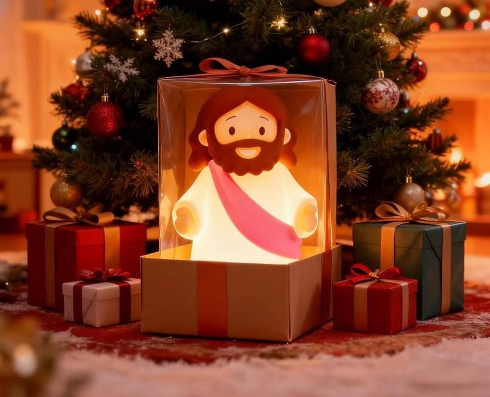 Alt View 1. FINEAK - Rechargeable Jesus Night Light-Dimmable Silicone LED for Peace & Comfort - Pink.