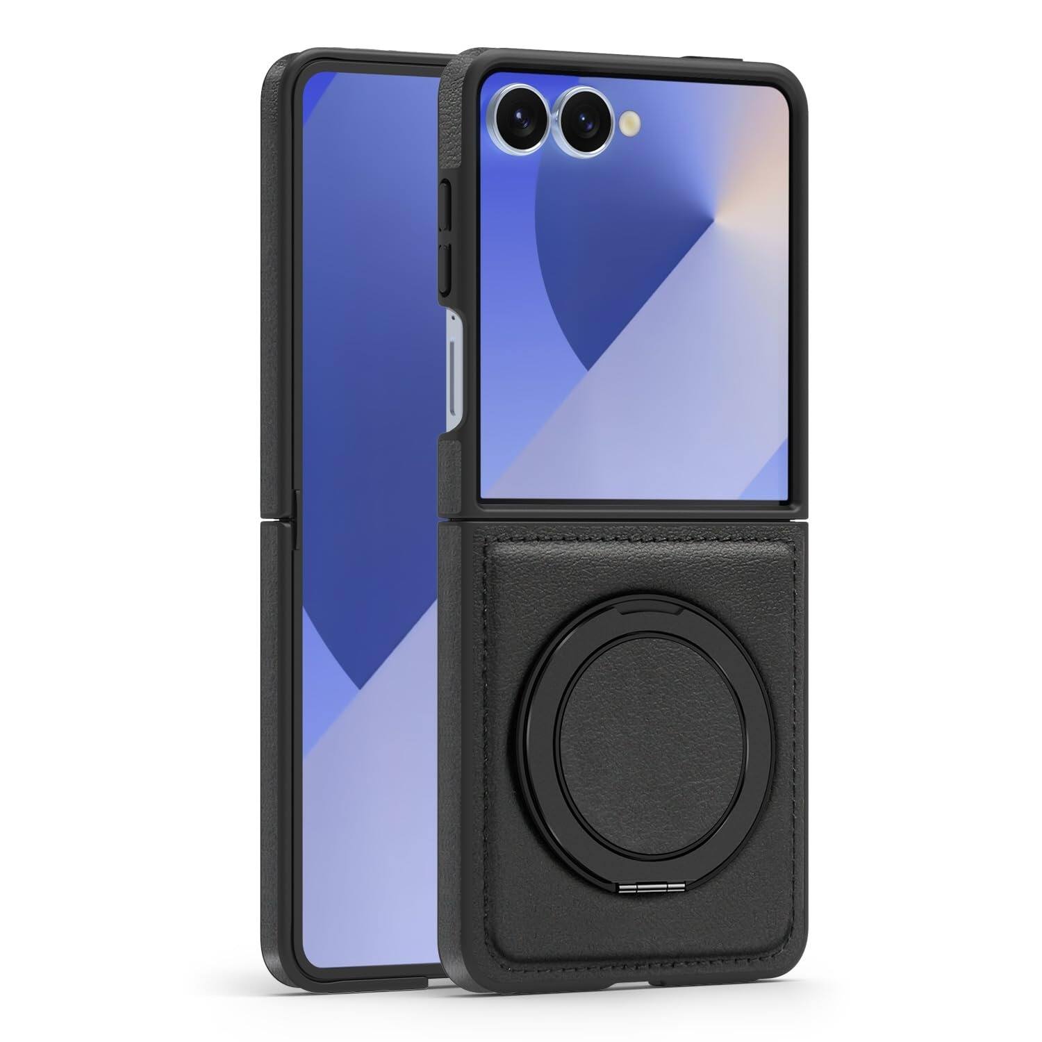 Angle. Dteck - Leather Case for Samsung Galaxy Z Flip 8,Shockproof Compatible with Mag Safe 360 Rotation Ring Kickstand Cover - Black.