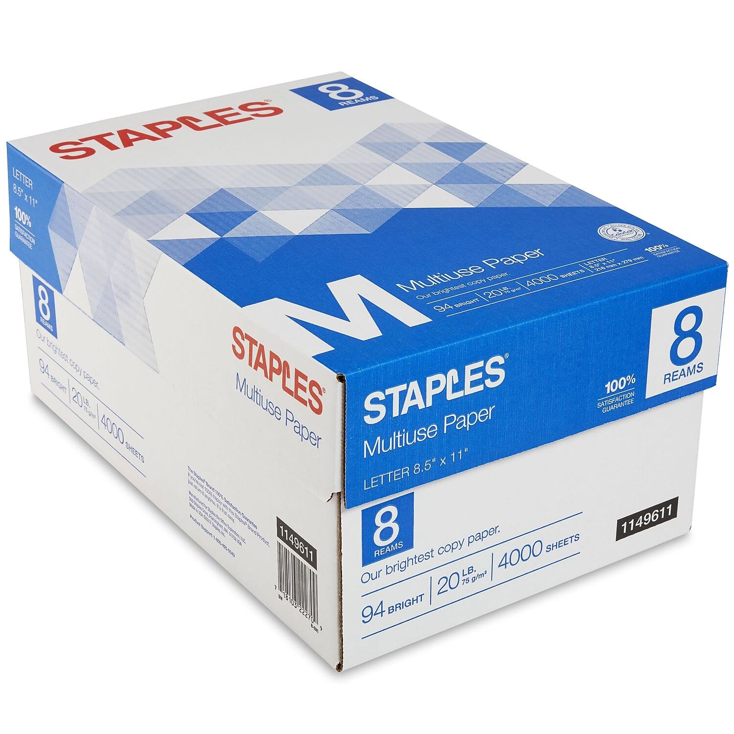 Staples - Multiuse Copy Paper, 8.5" x 11", 20 lbs., 94 Brightness, 500 Sheets/Ream, 8 Reams/Carton (26860-CC) - White
