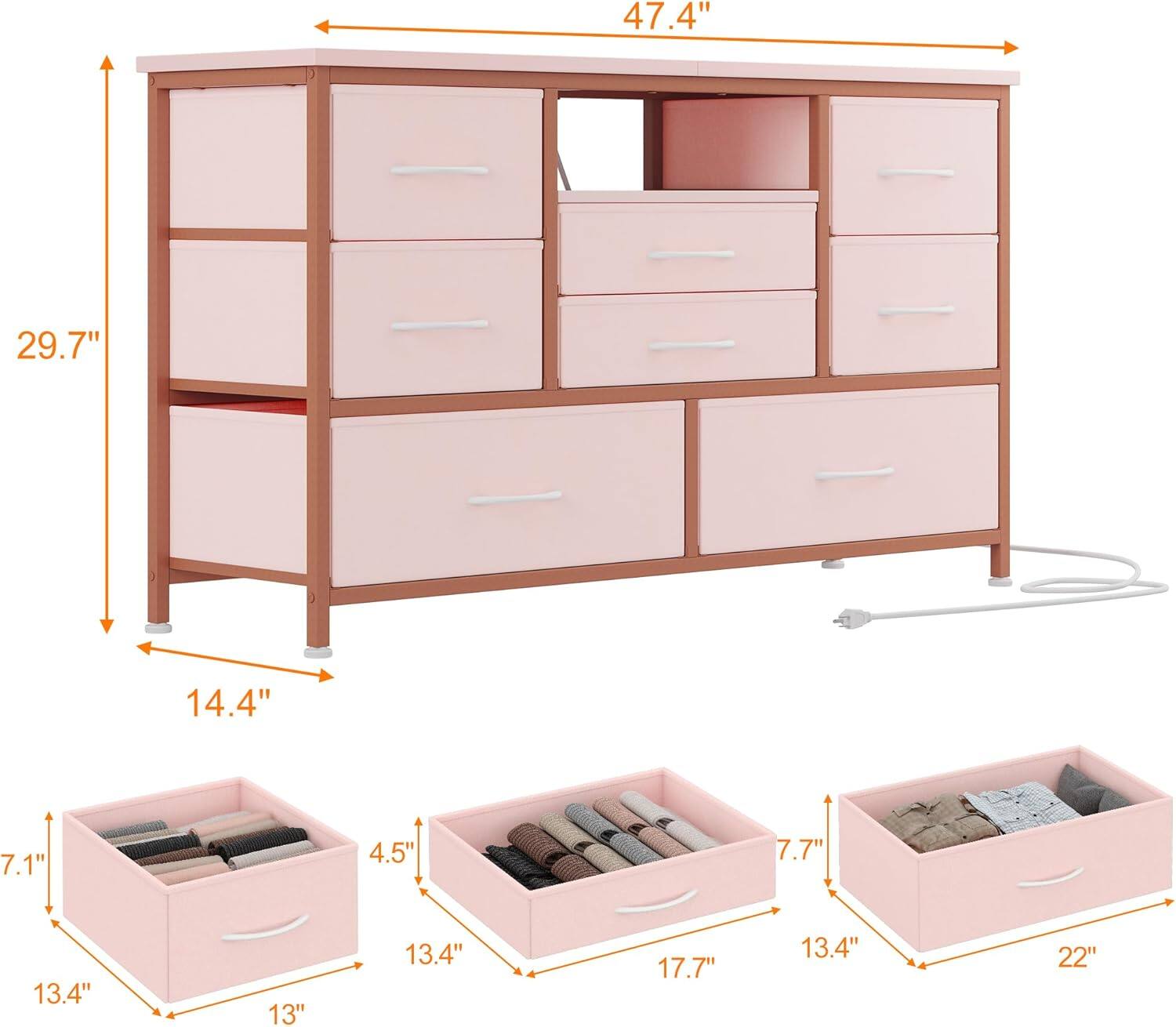 - Width: 47.4"
- Height: 29.7"
- Depth: 14.4"
- Drawer 1: 13.4" x 13" x 7.1"
- Drawer 2: 13.4" x 13" x 4.5"
- Drawer 3: 17.7" x 13.4" x 7.7"
- Drawer 4: 22" x 13.4" x 7.7"