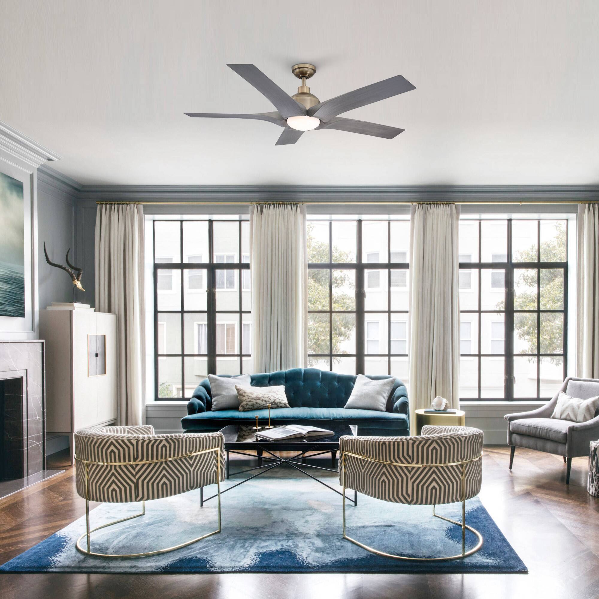 Angle. Parrot Uncle - 56" Modern Brushed Bronze LED Ceiling Fan with Remote, 5 Grey Woodgrain ABS Blades, Reversible DC Motor - Brushed Bronze.