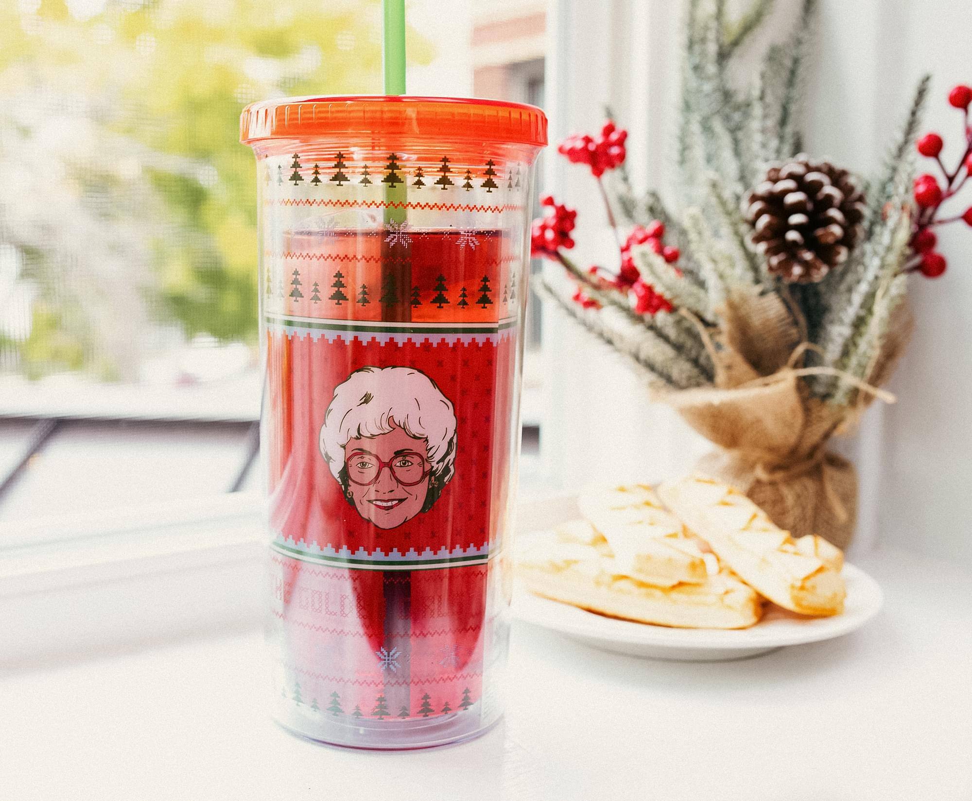 Alt View 3. Silver Buffalo - The Golden Girls Holiday Sweater Carnival Cup With Lid and Straw - Red.