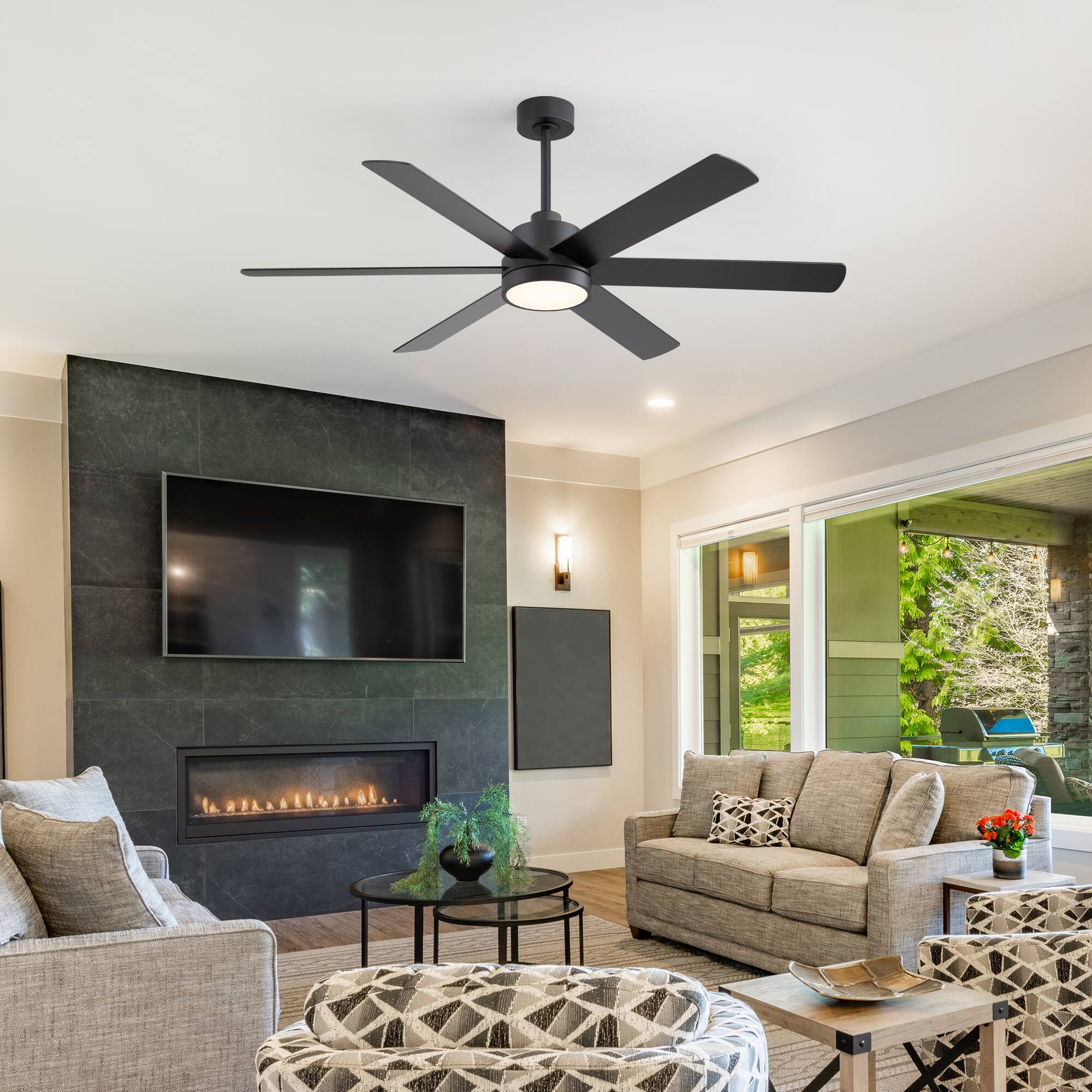 Back. Breezary - 60 Inch Modern LED Ceiling Fan with Light and Remote, 6 Reversible Plywood Blades,6&12 Inch Downrods Included - matte black and walnut.