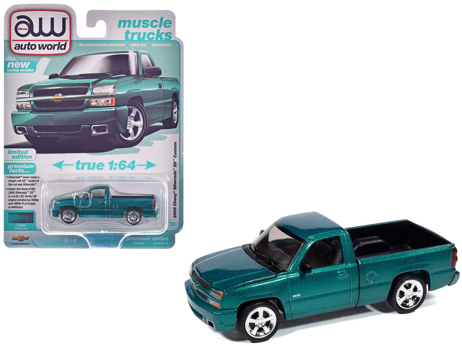 - **Auto World**
  - **Muscle Trucks**
  - **Die-cast metal body and chassis**
  - **Rubber tires**
  - **Opening hood**

- **New Casting Variation**
  - **Limited Edition**
  - **Premium Facts...**

- **Chevrolet never made a single cab SS model of the 2005 Silverado.**
  - **2005 Chevrolet Silverado SS**
  - **6.0L V8 Vortec V8**
  - **3450 lb-ft torque at 4400 rpm**

- **Custom Metallic Blue**
  - **Premium Series**
  - **Release 1 - Version A**

- **True 1:64**

- **6+**