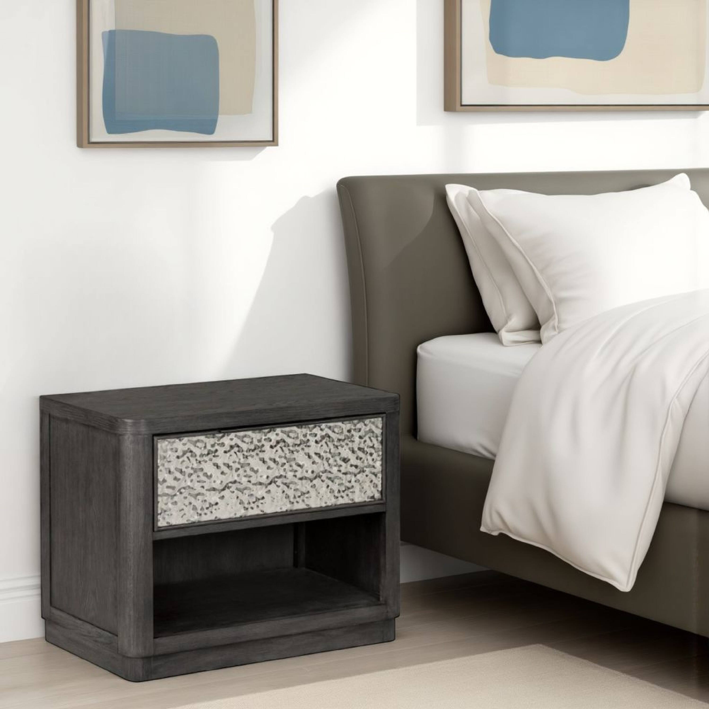 Alt View 5. Manhattan Lane - Zoko Nightstand Table with 2 USB Ports, Metal Accents - Ash Gray.