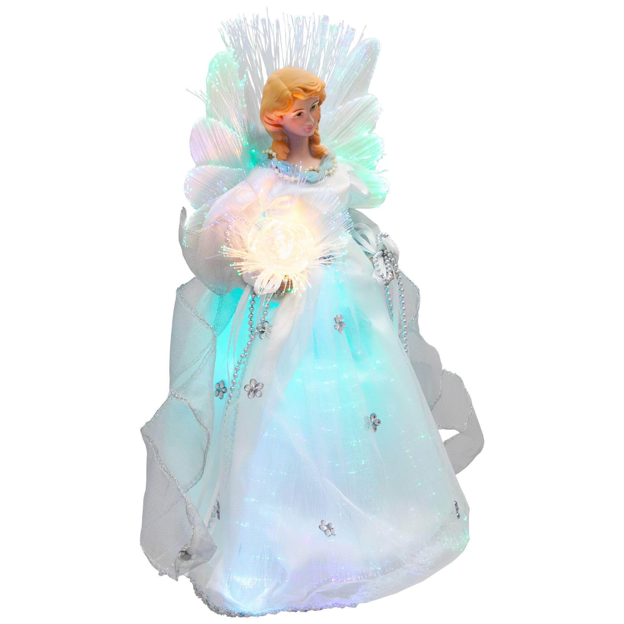 Alt View 4. Northlight - Color-changing Fiber Optic Angel with Rose Christmas Tree Topper - 12" - White - White.