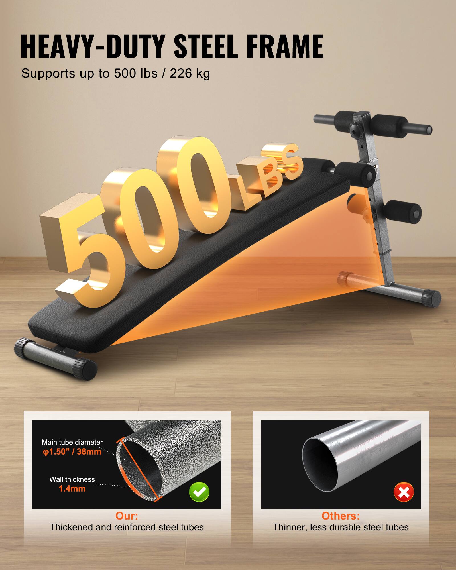 HEAVY-DUTY STEEL FRAME  
Supports up to 500 lbs / 226 kg  

Main tube diameter  
1.50" / 38mm  

Wall thickness  
1.4mm  

Our:  
Thickened and reinforced steel tubes  

Others:  
Thinner, less durable steel tubes