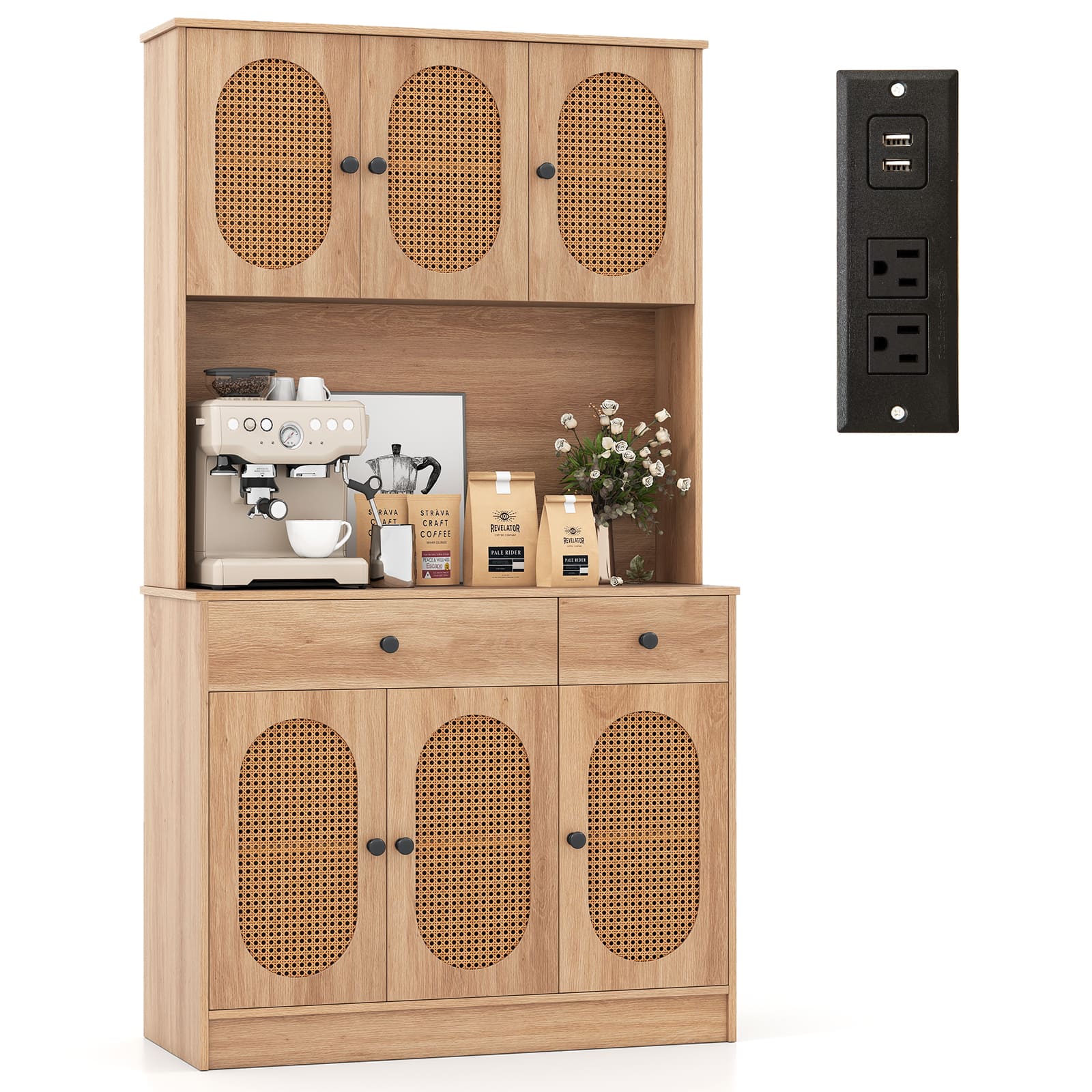 Gymax - Kitchen Pantry Cabinet w/ Charging Station 71'' Tall Kitchen Buffet Cabinet - Natural